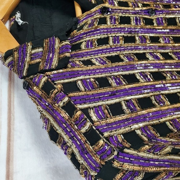 Vintage 80s Silk Beaded Sparkly Black Purple Button Down Blouse Size Medium - Picture 3 of 11